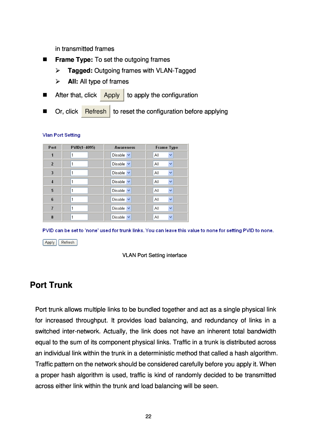 Transition Networks MIL-SW8T1GPA manual Port Trunk, VLAN Port Setting interface 