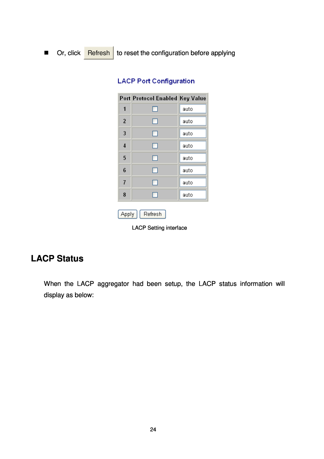Transition Networks MIL-SW8T1GPA manual LACP Status, LACP Setting interface 
