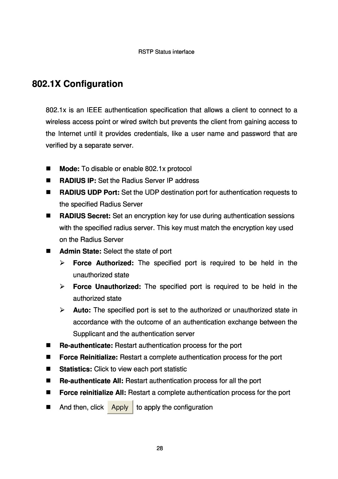 Transition Networks MIL-SW8T1GPA manual 802.1X Configuration, RSTP Status interface 