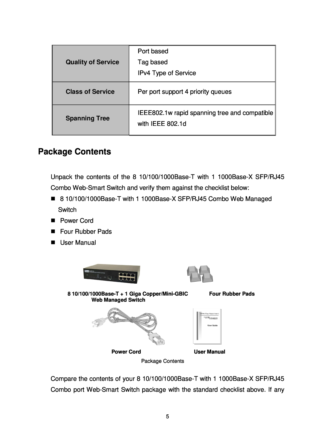Transition Networks MIL-SW8T1GPA manual Package Contents, Quality of Service, Class of Service, Spanning Tree 