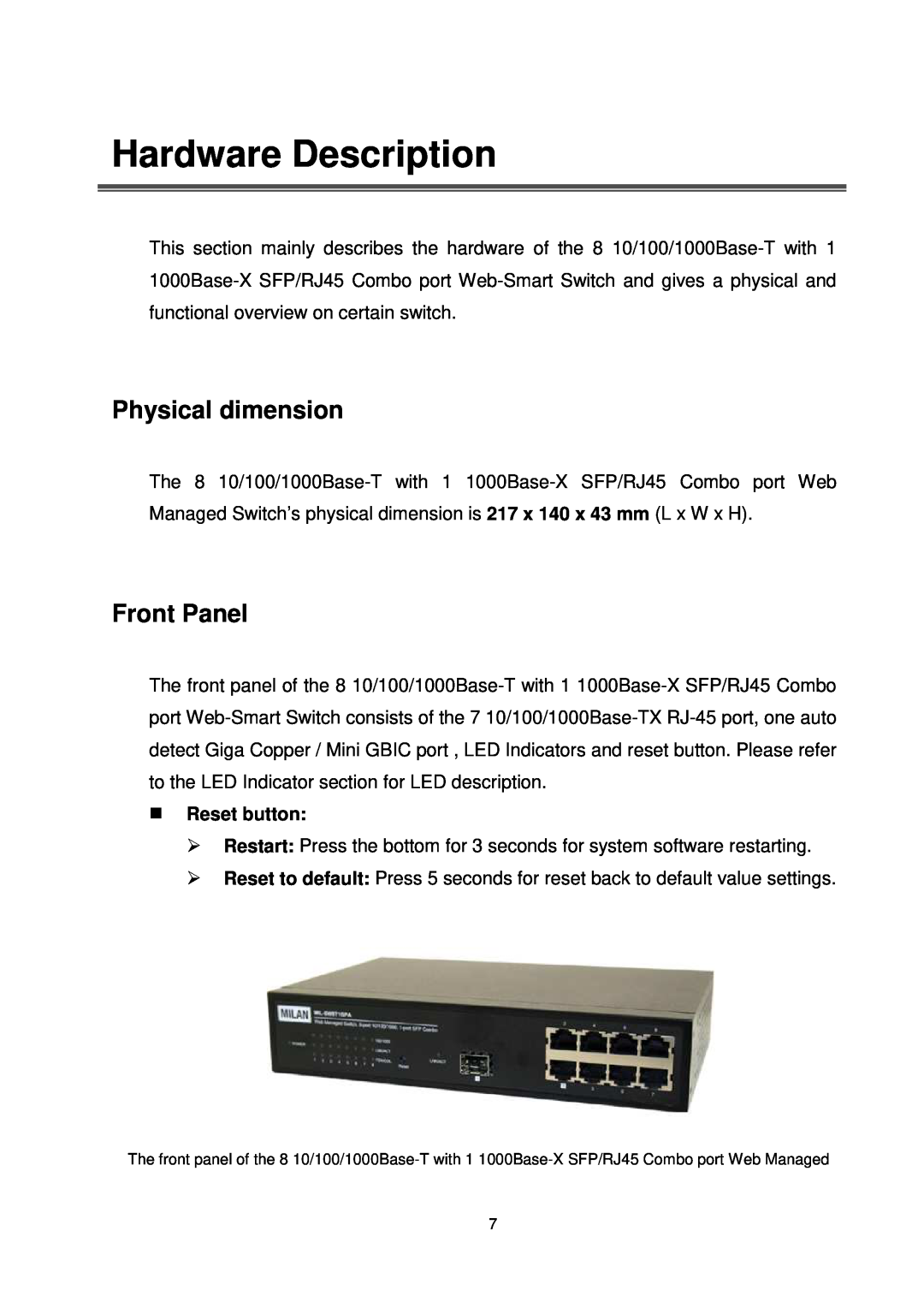 Transition Networks MIL-SW8T1GPA manual Hardware Description, Physical dimension, Front Panel 