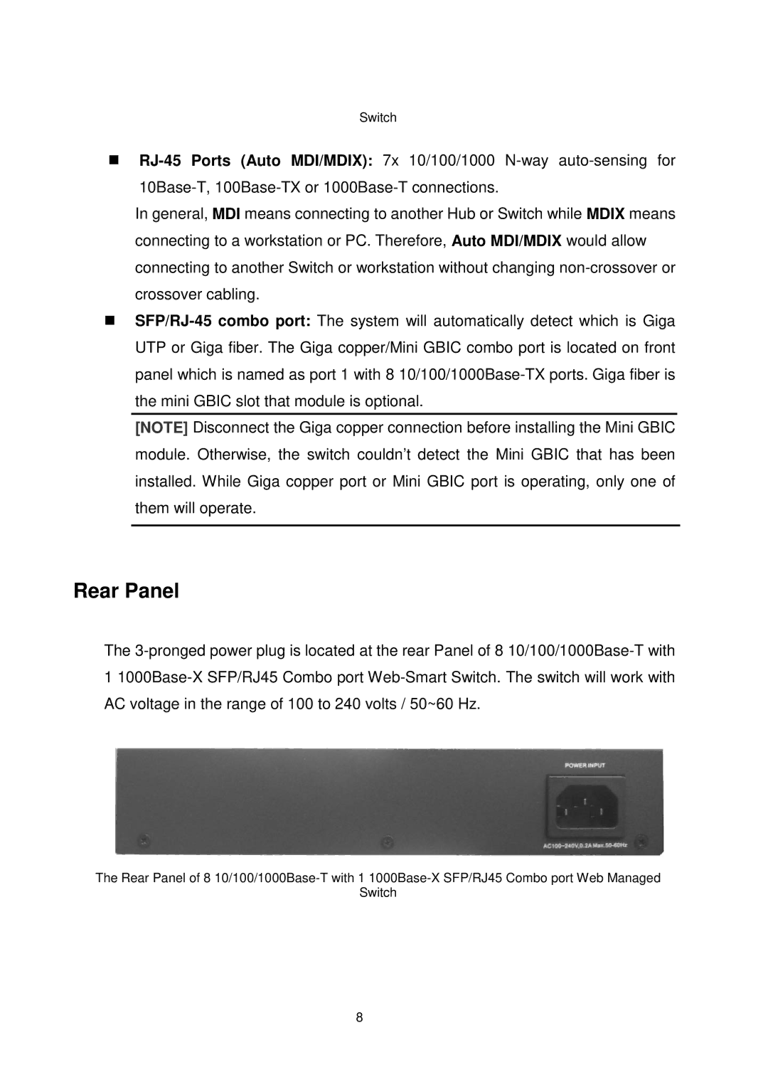 Transition Networks MIL-SW8T1GPA manual Rear Panel 