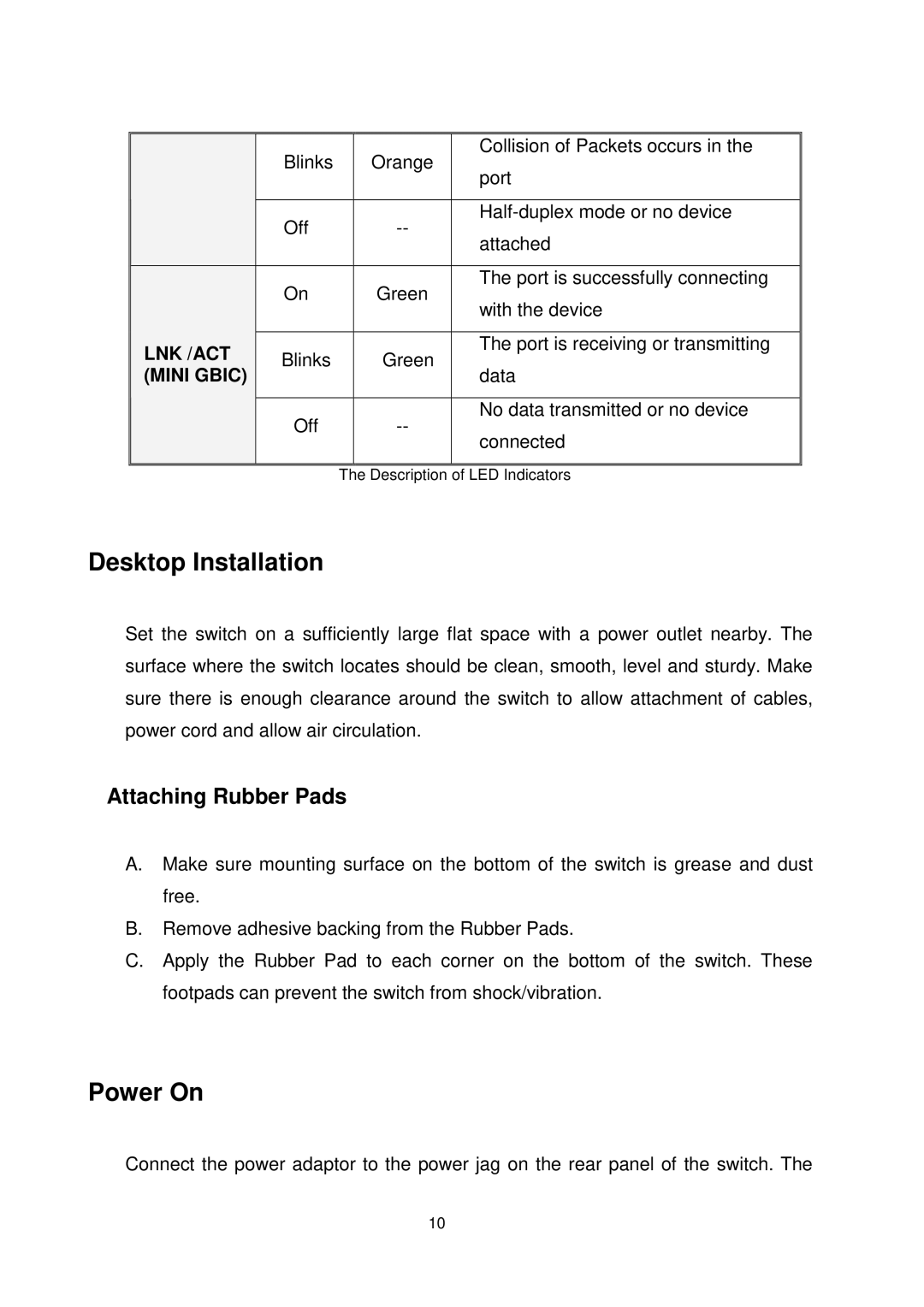 Transition Networks MIL-SW8T1GPA manual Desktop Installation, Power On, Attaching Rubber Pads 