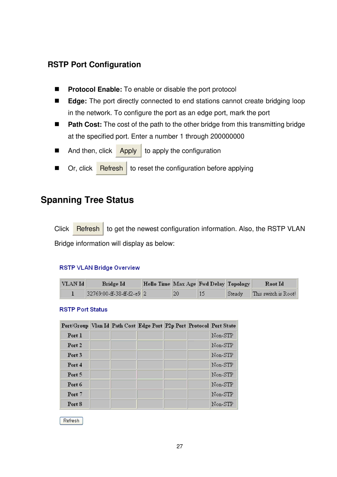 Transition Networks MIL-SW8T1GPA manual Spanning Tree Status, Rstp Port Configuration 