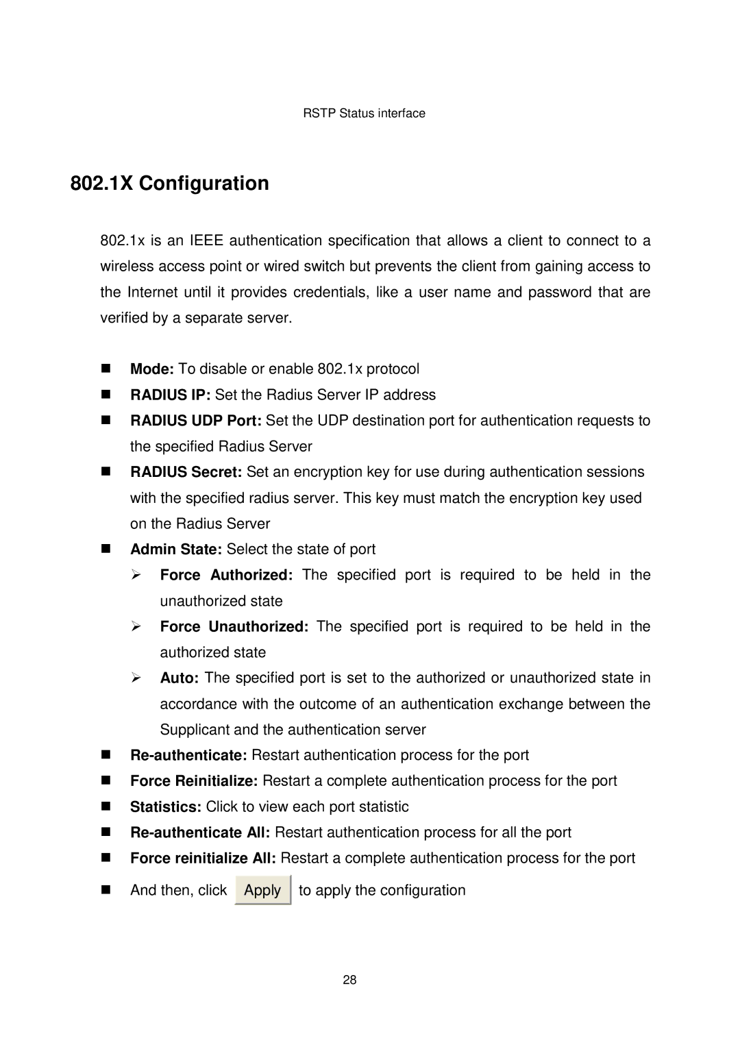 Transition Networks MIL-SW8T1GPA manual 802.1X Configuration 