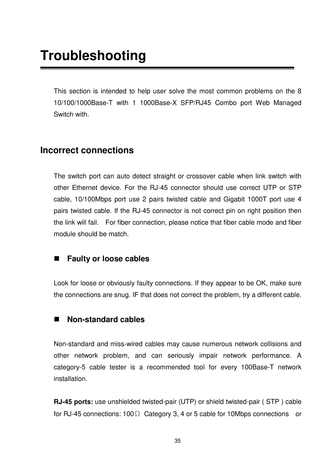 Transition Networks MIL-SW8T1GPA manual Incorrect connections, Faulty or loose cables, Non-standard cables 