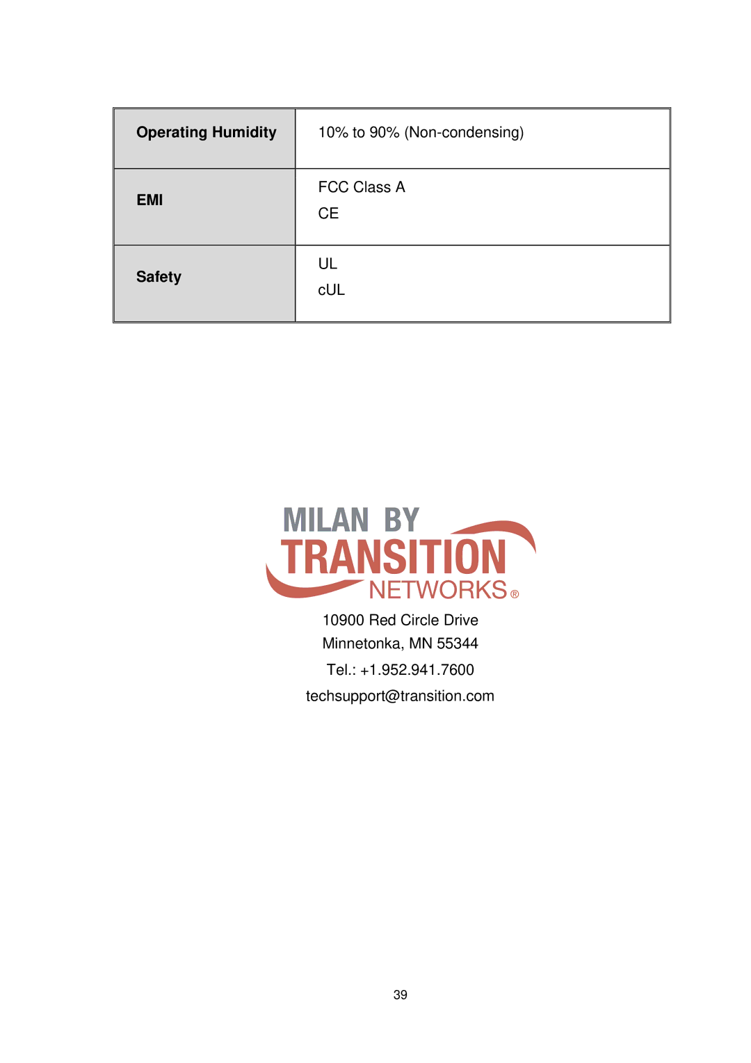 Transition Networks MIL-SW8T1GPA manual Operating Humidity, Safety 