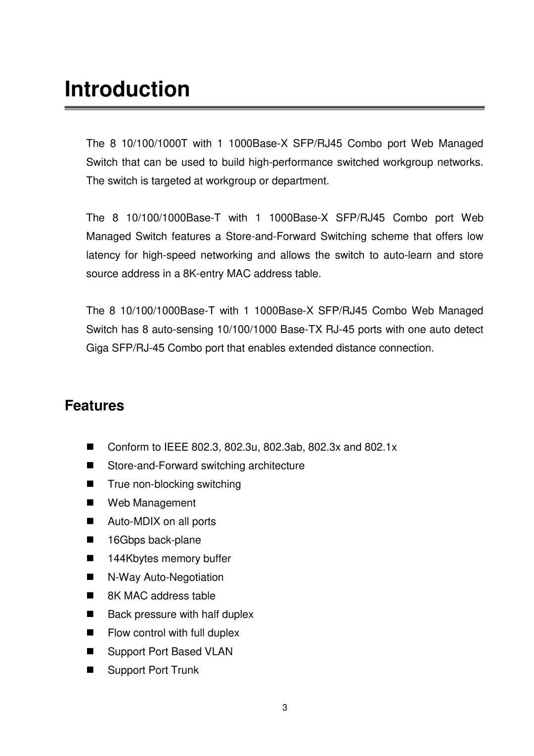 Transition Networks MIL-SW8T1GPA manual Introduction, Features 