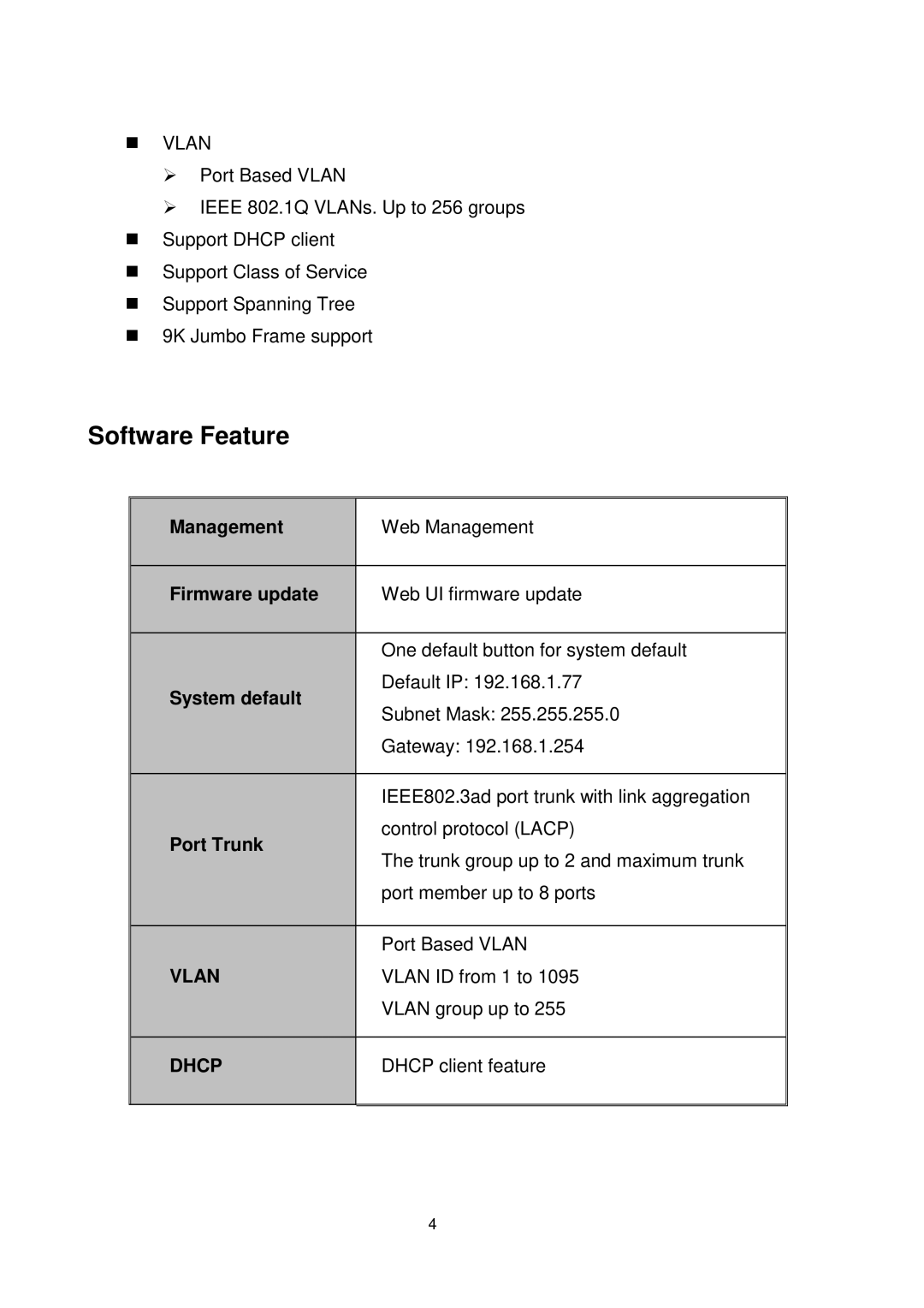 Transition Networks MIL-SW8T1GPA manual Software Feature, Management, Firmware update, System default, Port Trunk 