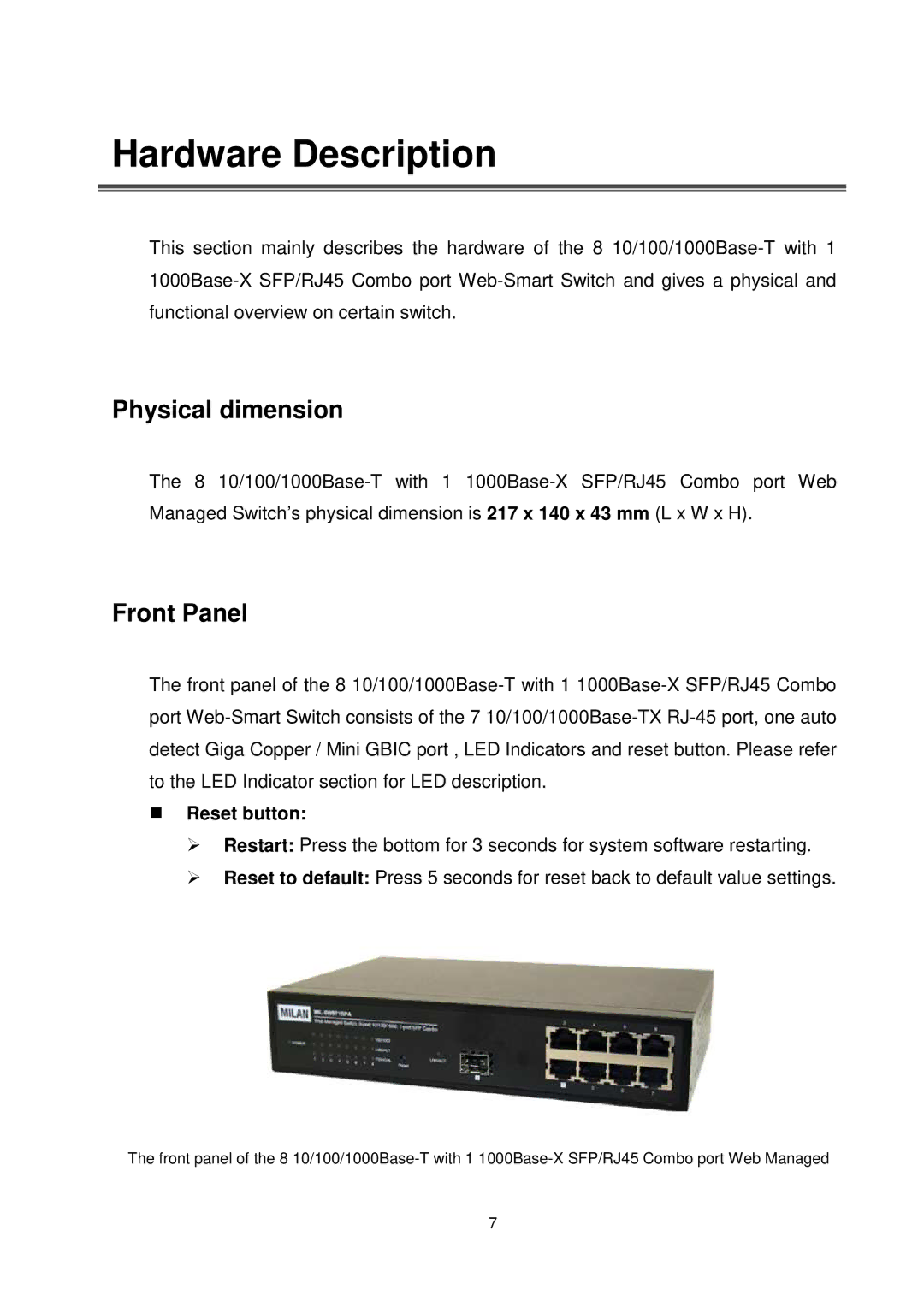 Transition Networks MIL-SW8T1GPA manual Physical dimension, Front Panel, Reset button 