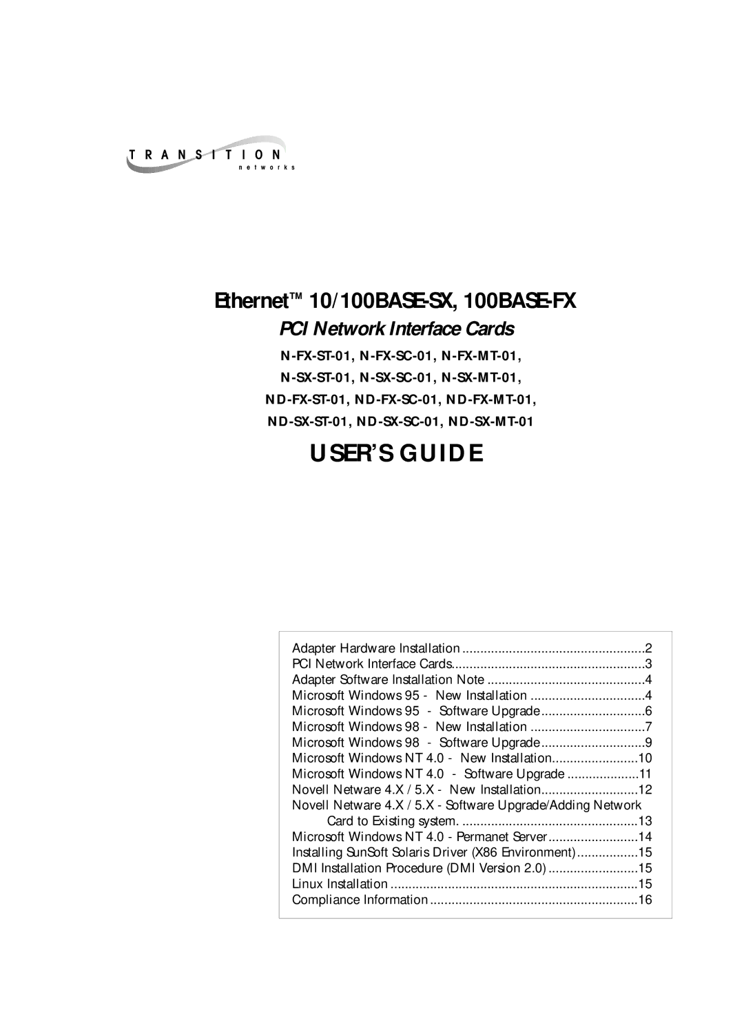 Transition Networks N-FX-MT-01, N-FX-ST-01, N-FX-SC-01 manual USER’S Guide 