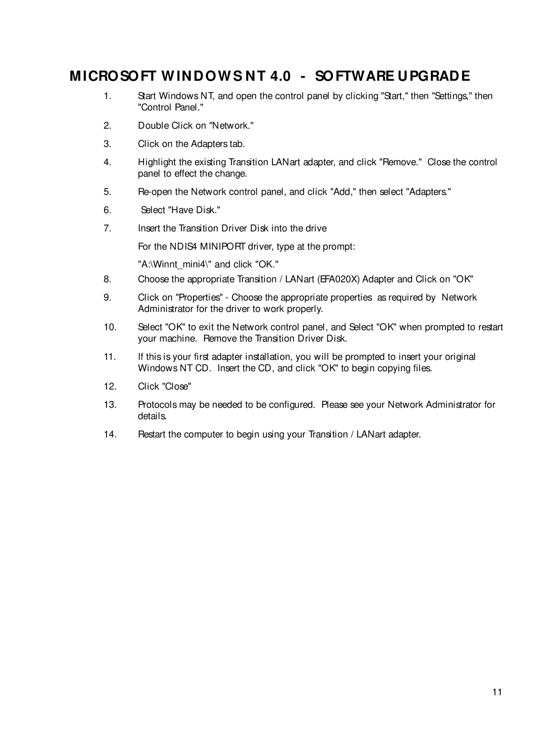 Transition Networks N-FX-SC-01, N-FX-ST-01, N-FX-MT-01 manual Microsoft Windows NT 4.0 Software Upgrade 