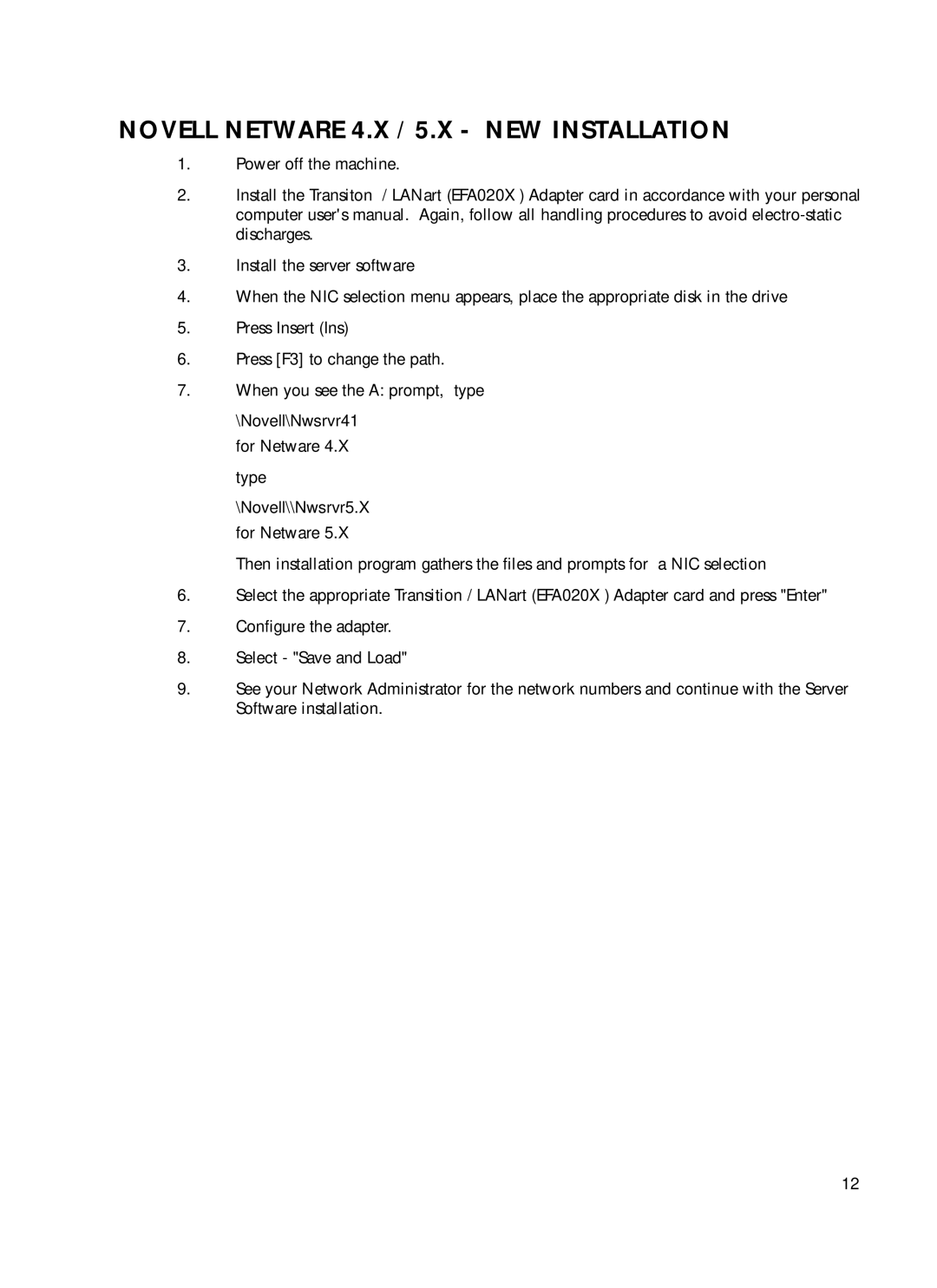 Transition Networks N-FX-ST-01, N-FX-MT-01, N-FX-SC-01 manual Novell Netware 4.X / 5.X NEW Installation 