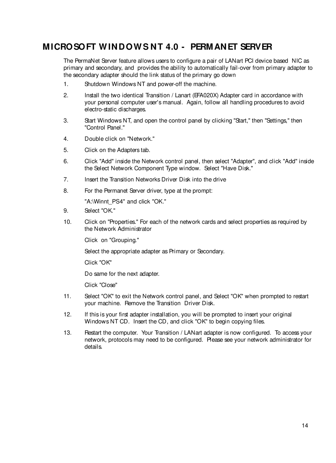 Transition Networks N-FX-SC-01, N-FX-ST-01, N-FX-MT-01 manual Microsoft Windows NT 4.0 Permanet Server, WinntPS4 and click OK 