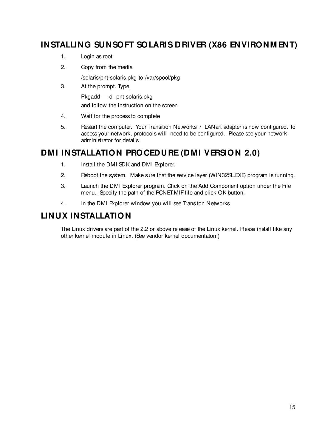 Transition Networks N-FX-ST-01 Installing Sunsoft Solaris Driver X86 Environment, DMI Installation Procedure DMI Version 