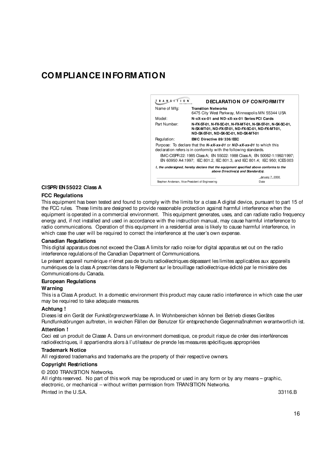 Transition Networks N-FX-MT-01, N-FX-ST-01, N-FX-SC-01 manual Compliance Information 