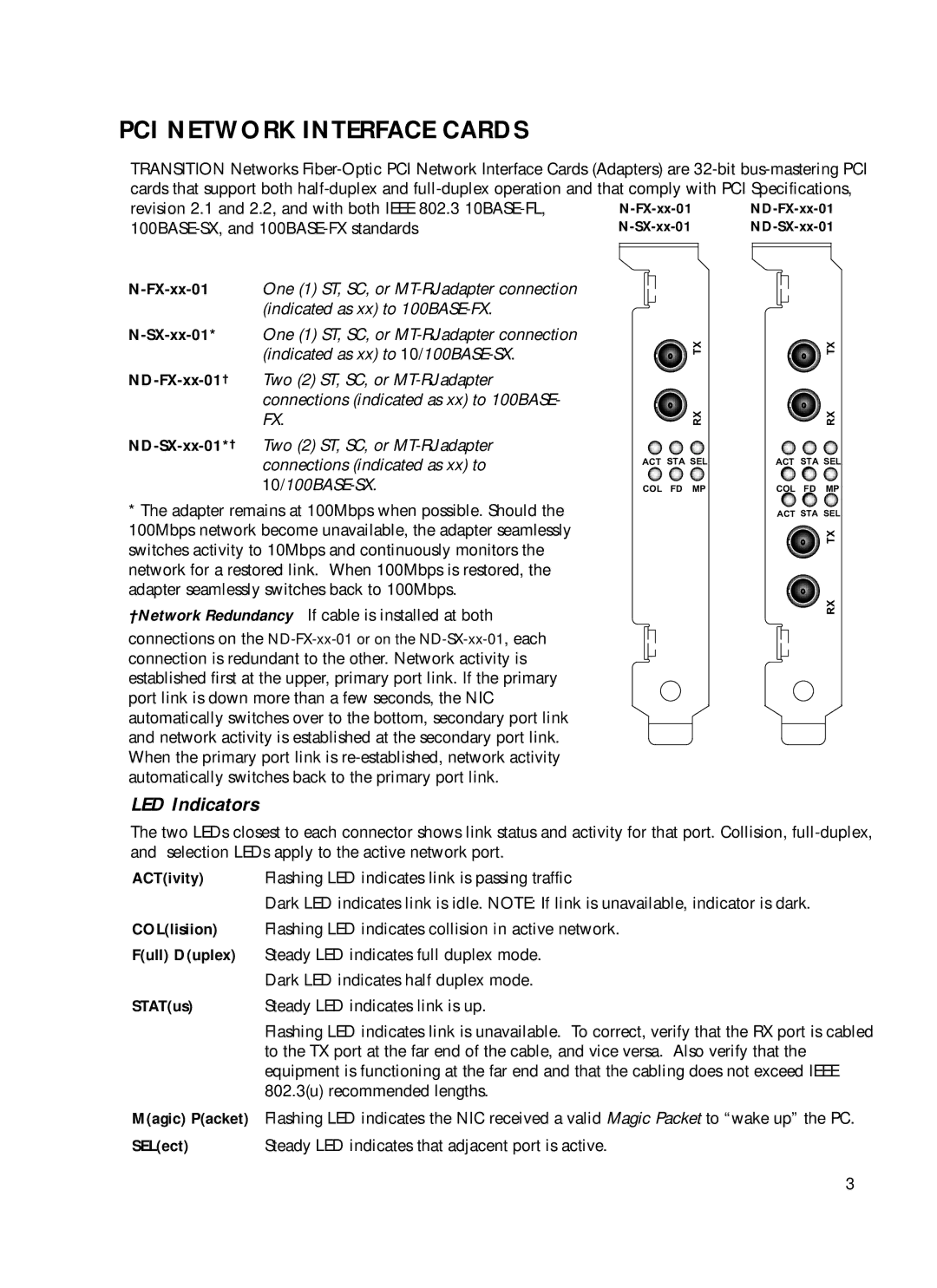 Transition Networks N-FX-ST-01, N-FX-MT-01, N-FX-SC-01 manual PCI Network Interface Cards 