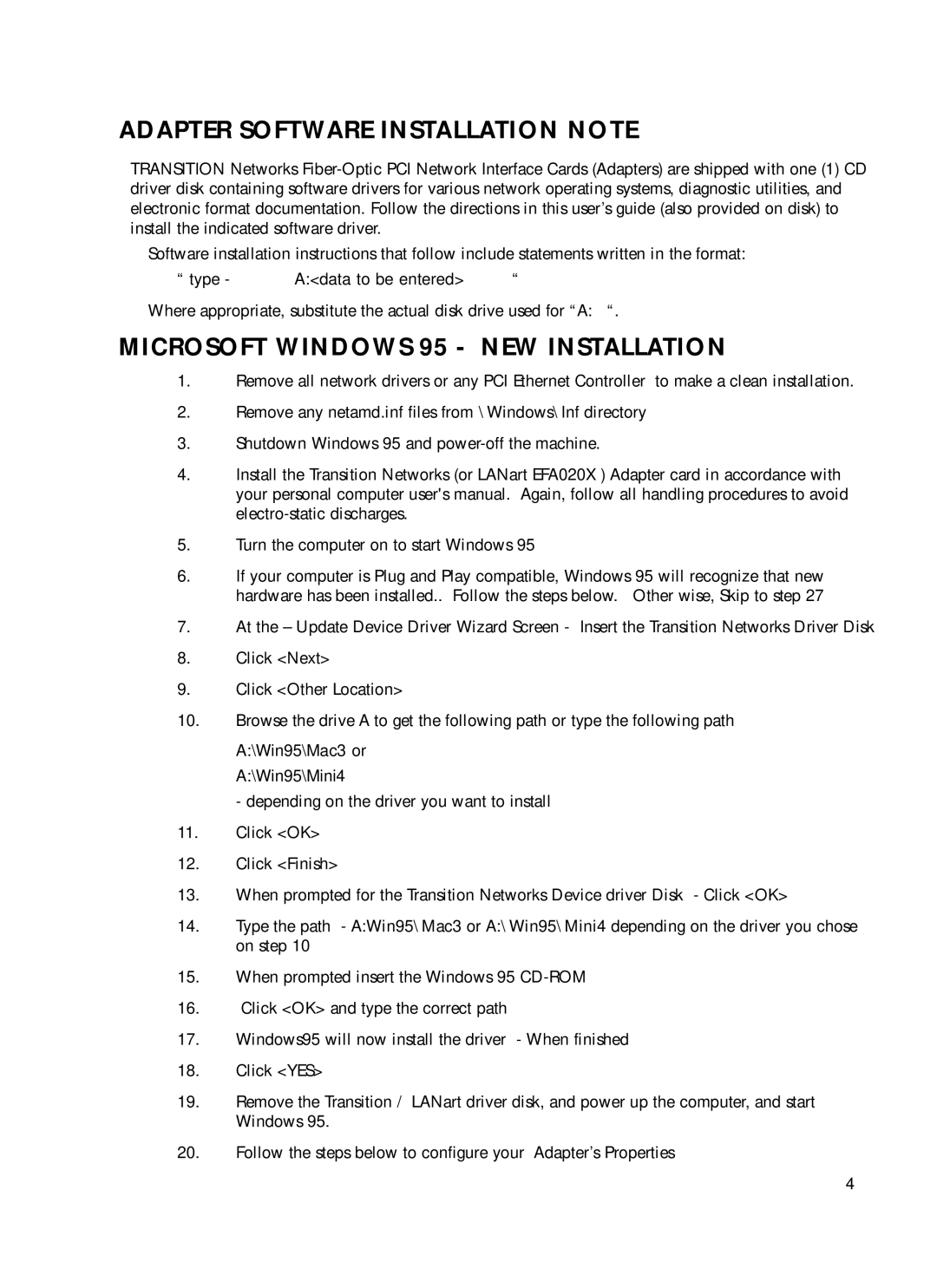 Transition Networks N-FX-MT-01, N-FX-ST-01 manual Adapter Software Installation Note, Microsoft Windows 95 NEW Installation 