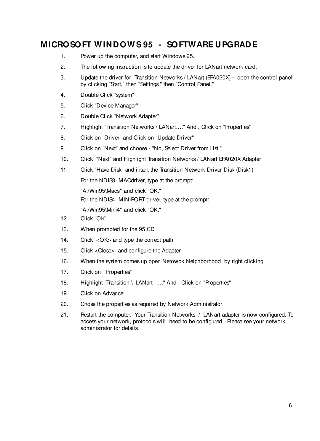 Transition Networks N-FX-ST-01 Microsoft Windows 95 Software Upgrade, Win95\Macs and click OK, Win95\Mini4 and click OK 