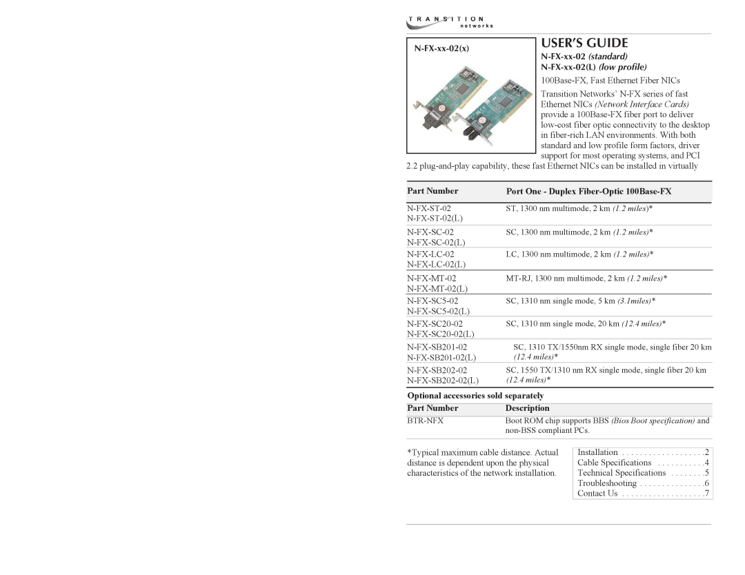 Transition Networks N-FX-XX-02 L specifications User’S Guide, N-FX-xx-02 standard, N-FX-xx-02L low profile, Part Number 
