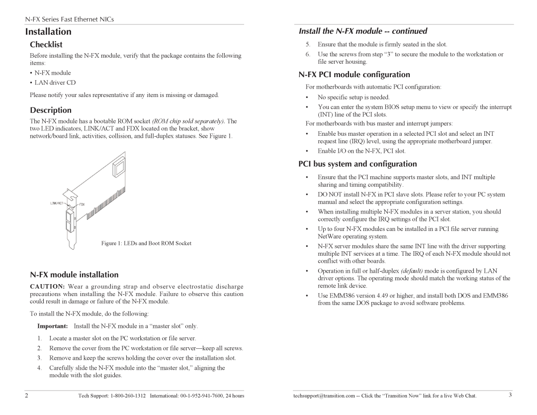Transition Networks N-FX-XX-02 L specifications Installation, Checklist, Description, N-FX module installation 