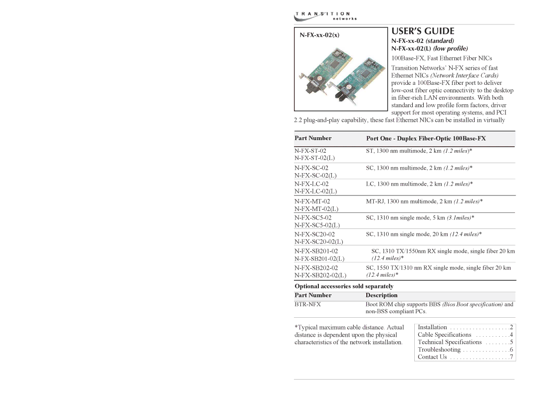 Transition Networks N-FX-XX-02 L specifications FX-xx-02 standard, FX-xx-02L low profile 