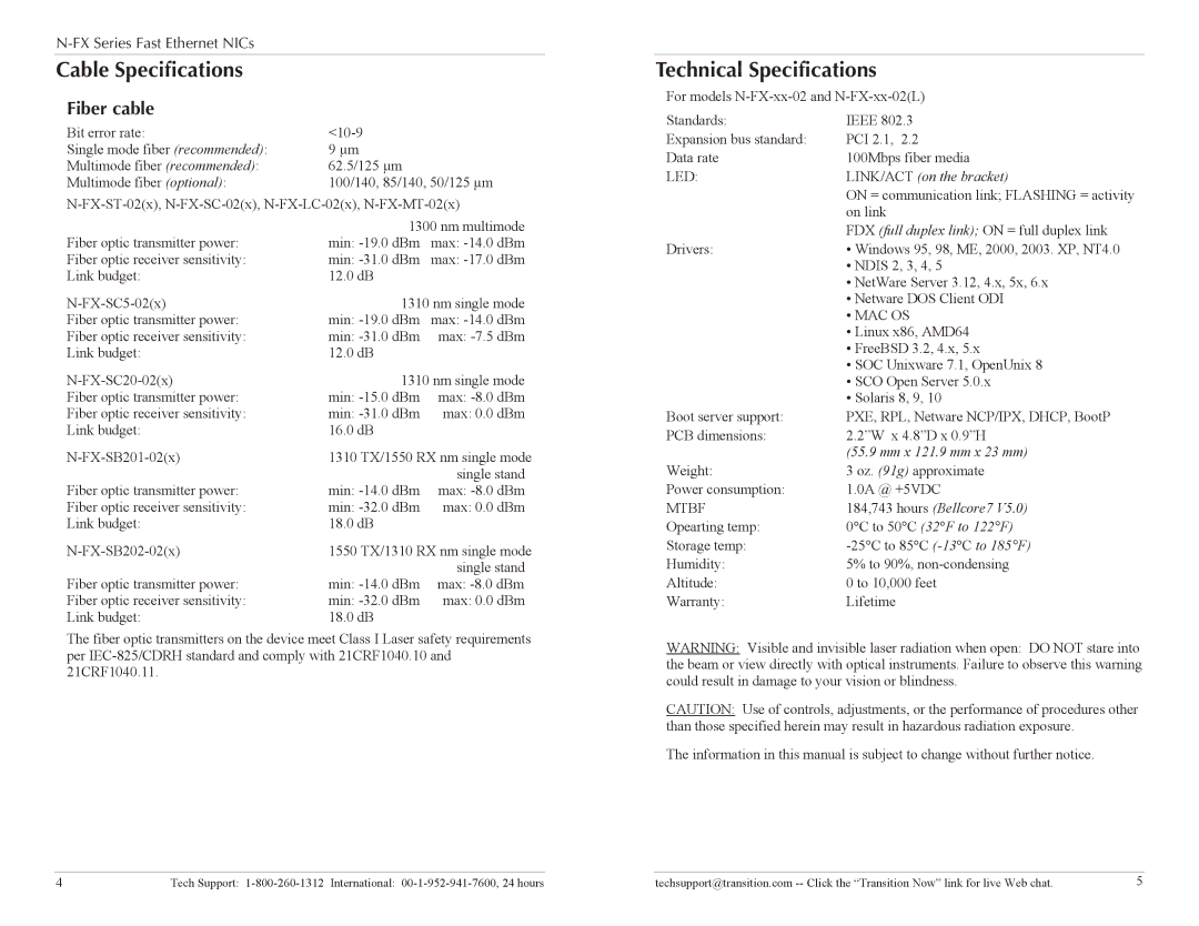 Transition Networks N-FX-XX-02 L specifications Cable Specifications, Technical Specifications, Fiber cable 