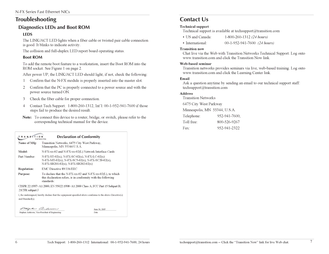 Transition Networks N-FX-XX-02 L specifications Troubleshooting, Contact Us, Diagnostics LEDs and Boot ROM 