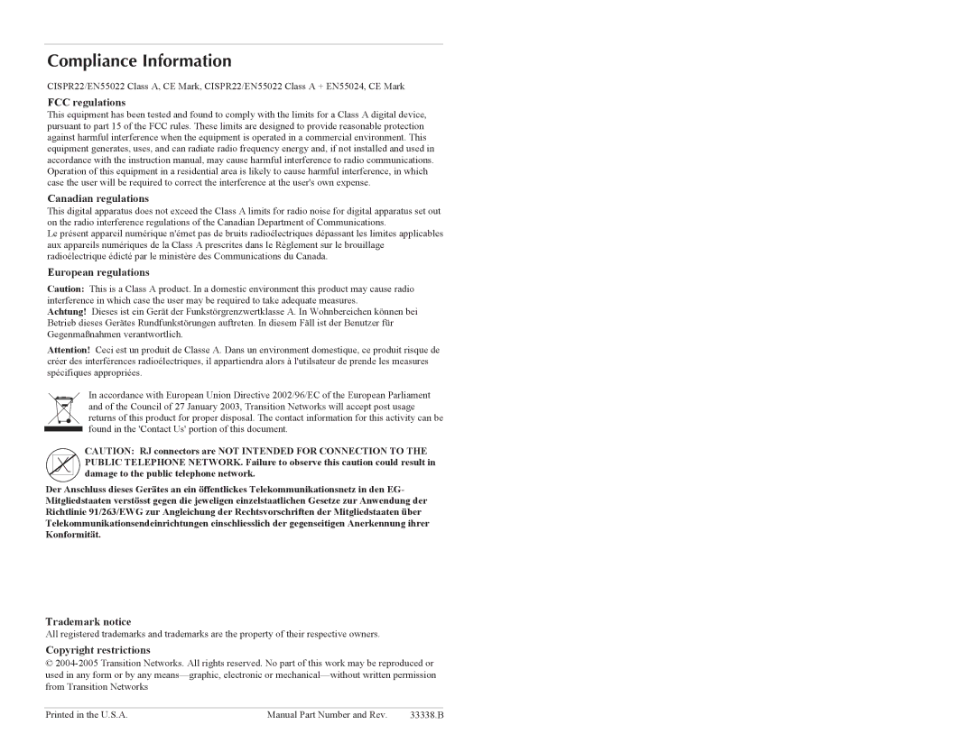 Transition Networks N-FX-XX-02 L Compliance Information, FCC regulations Canadian regulations, European regulations 