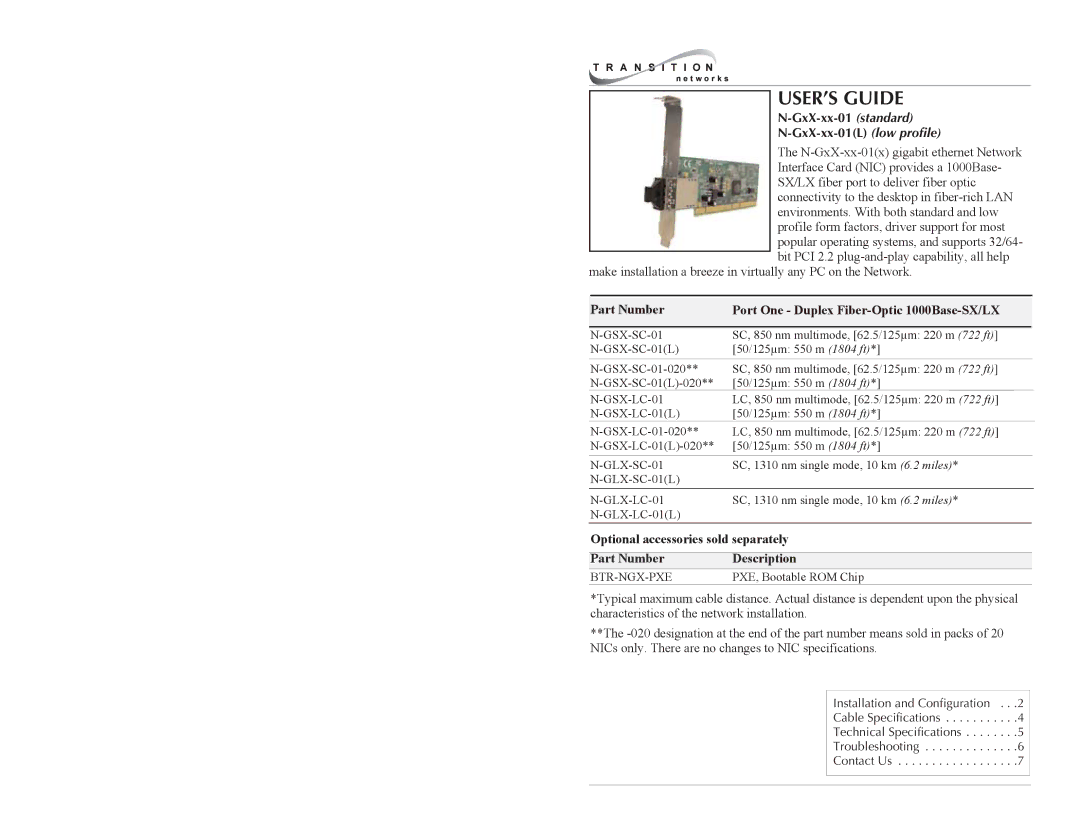 Transition Networks N-GXX-XX-01(L) specifications USER’S Guide, GxX-xx-01 standard GxX-xx-01L low profile 