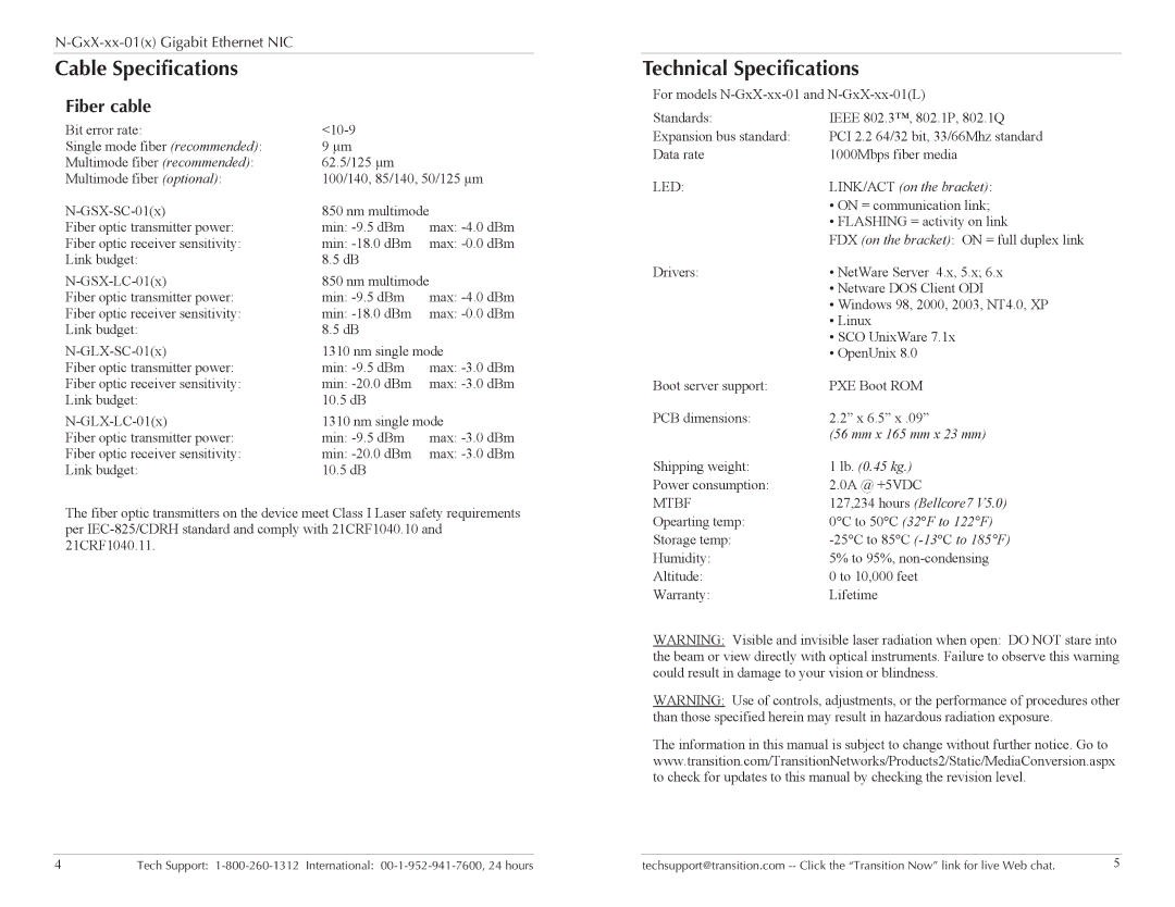 Transition Networks N-GXX-XX-01(L) specifications Cable Specifications Technical Specifications, Fiber cable 