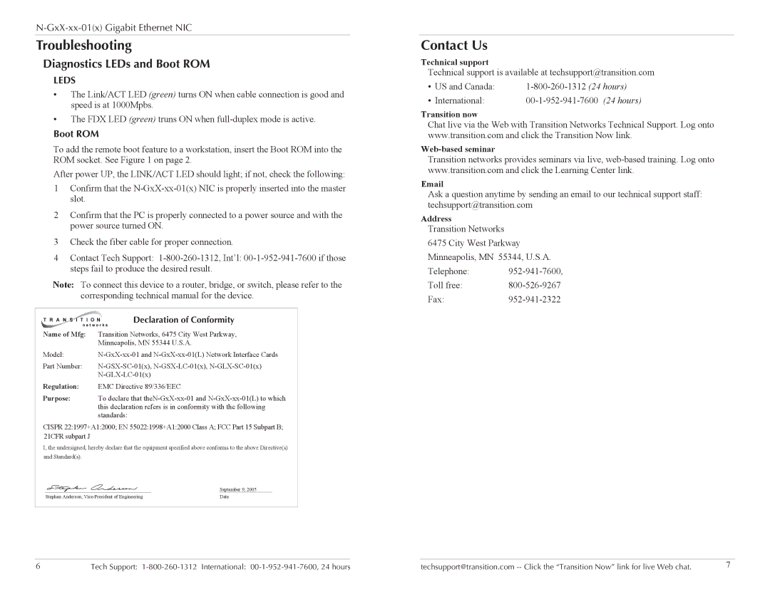 Transition Networks N-GXX-XX-01(L) specifications Troubleshooting, Contact Us, Diagnostics LEDs and Boot ROM 