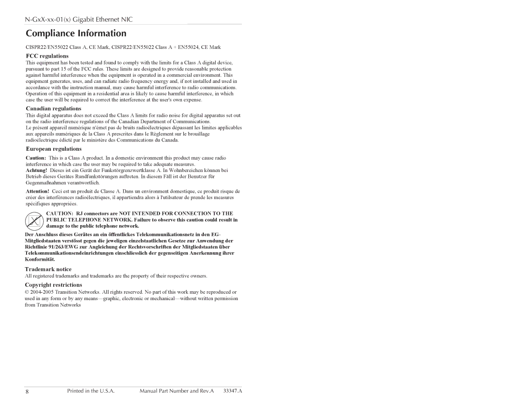 Transition Networks N-GXX-XX-01(L) specifications Compliance Information, FCC regulations Canadian regulations 