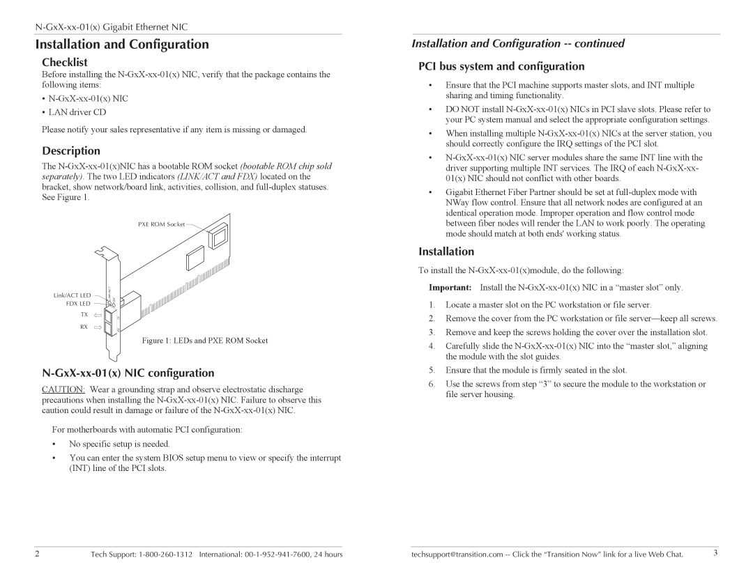 Transition Networks N-GXX-XX-01(L) Installation and Configuration, Checklist, Description, N-GxX-xx-01x NIC configuration 