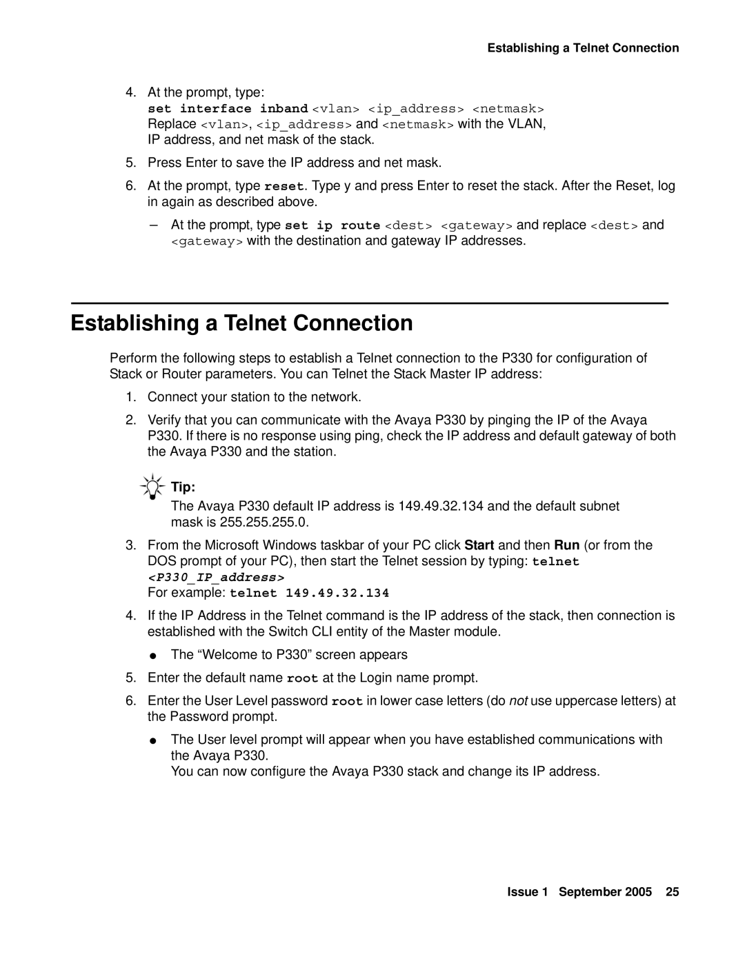 Transition Networks P332MF quick start Establishing a Telnet Connection, P330IPaddress 