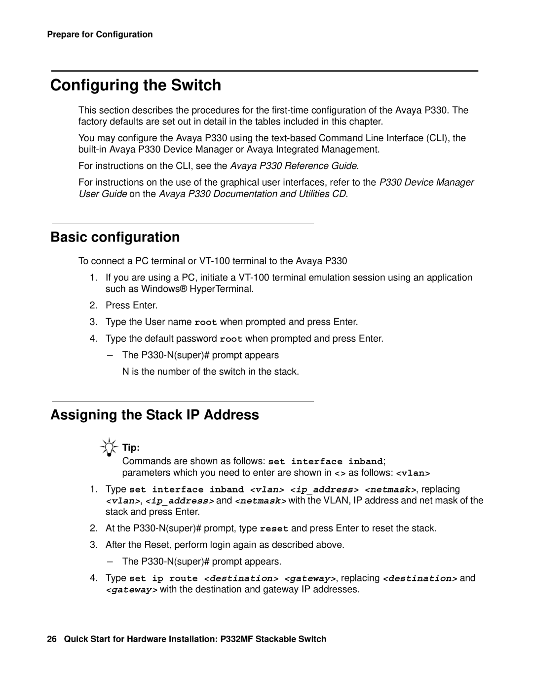 Transition Networks P332MF quick start Configuring the Switch, Basic configuration, Assigning the Stack IP Address 