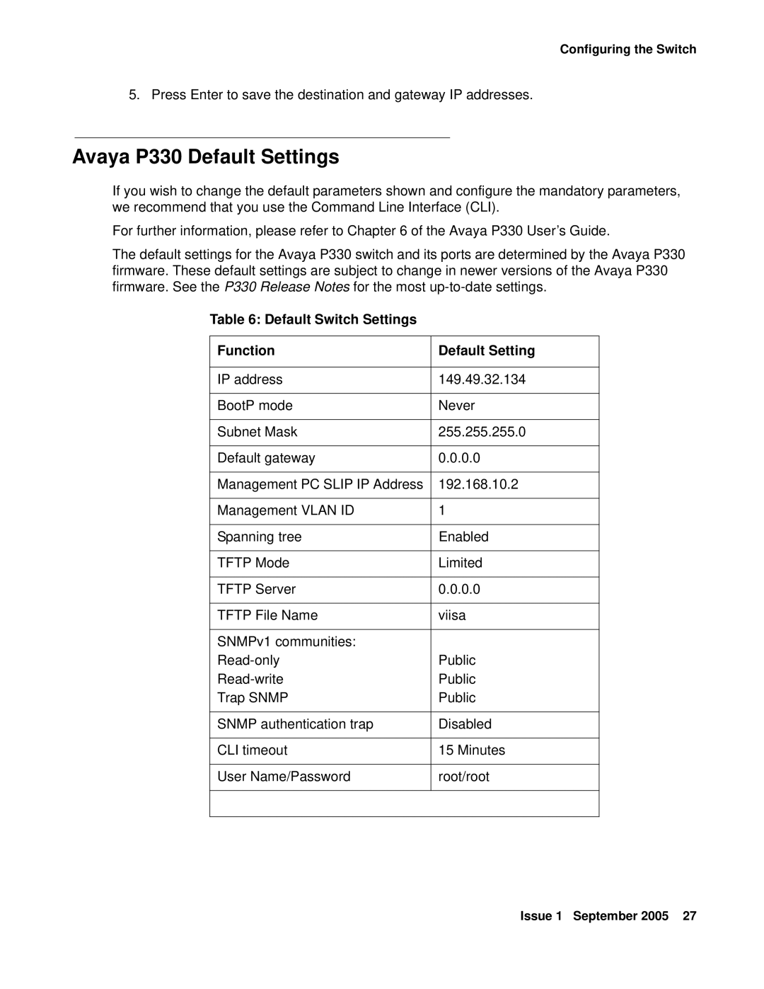 Transition Networks P332MF quick start Avaya P330 Default Settings, Default Switch Settings Function Default Setting 