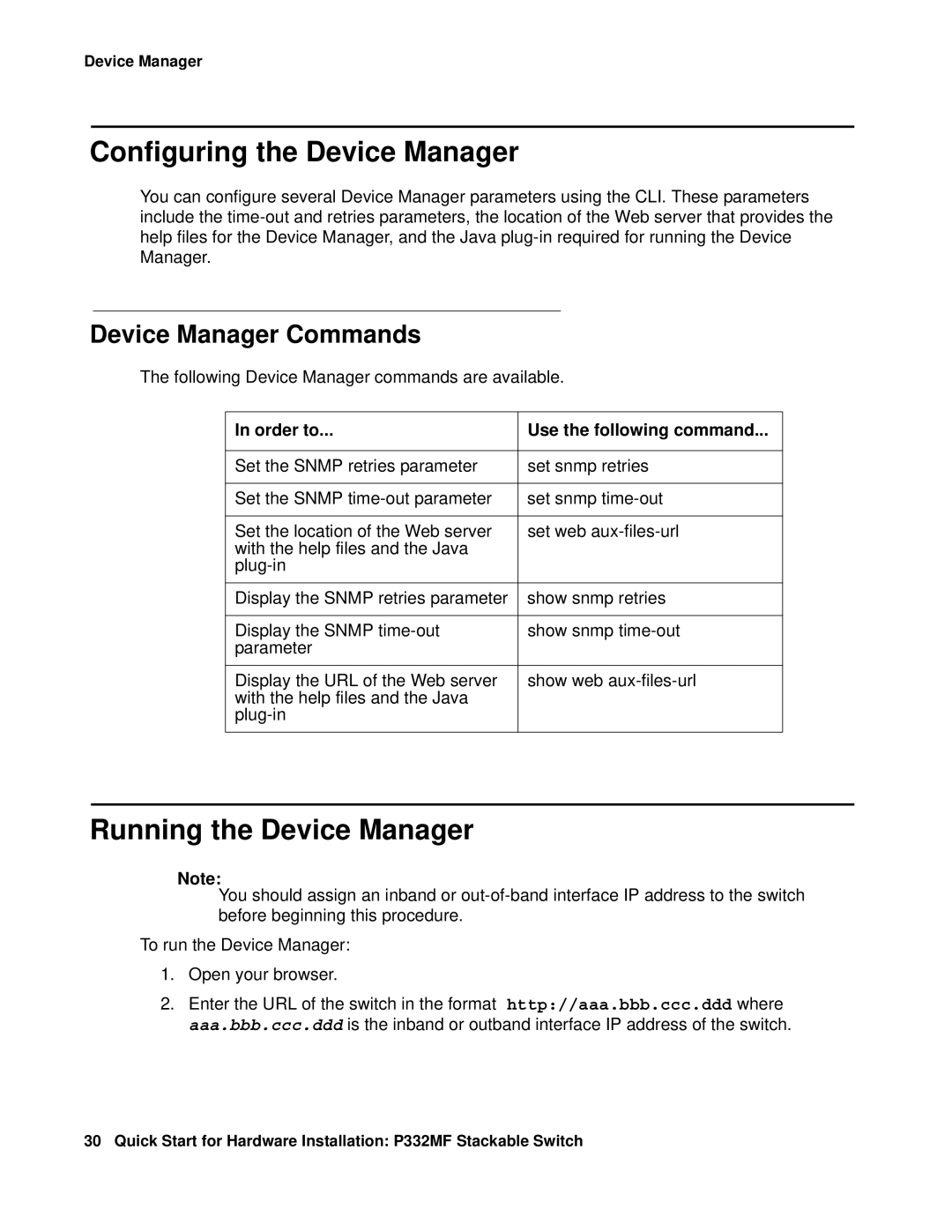 Transition Networks P332MF quick start Configuring the Device Manager, Running the Device Manager, Device Manager Commands 