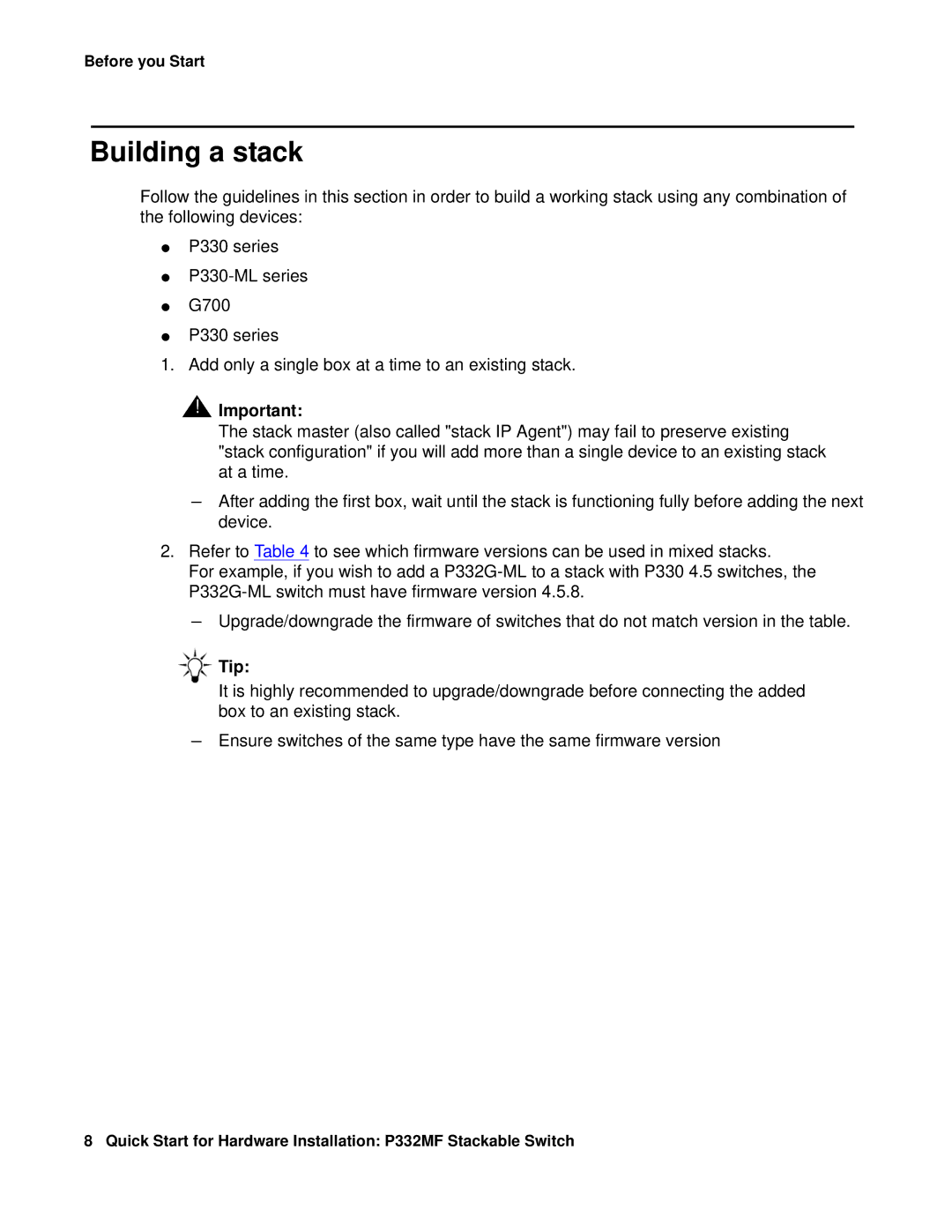 Transition Networks P332MF quick start Building a stack, Tip 