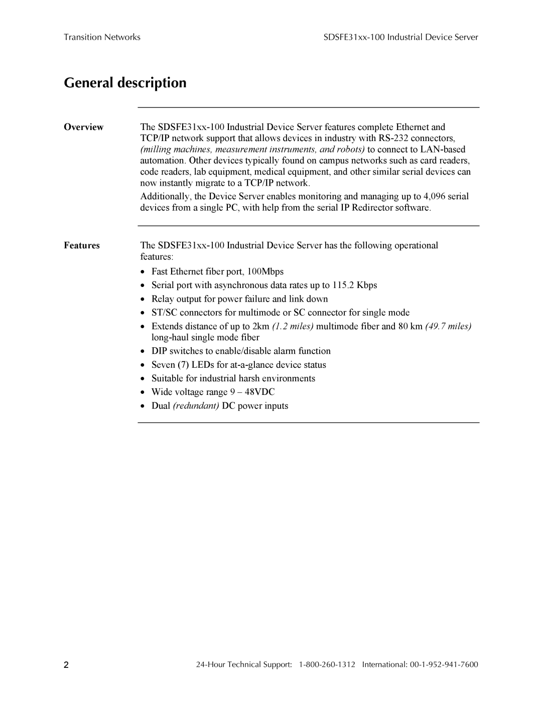 Transition Networks RS-232-TO-100BASE-FX, SDSFE31XX-100 manual General description, Overview, Features 