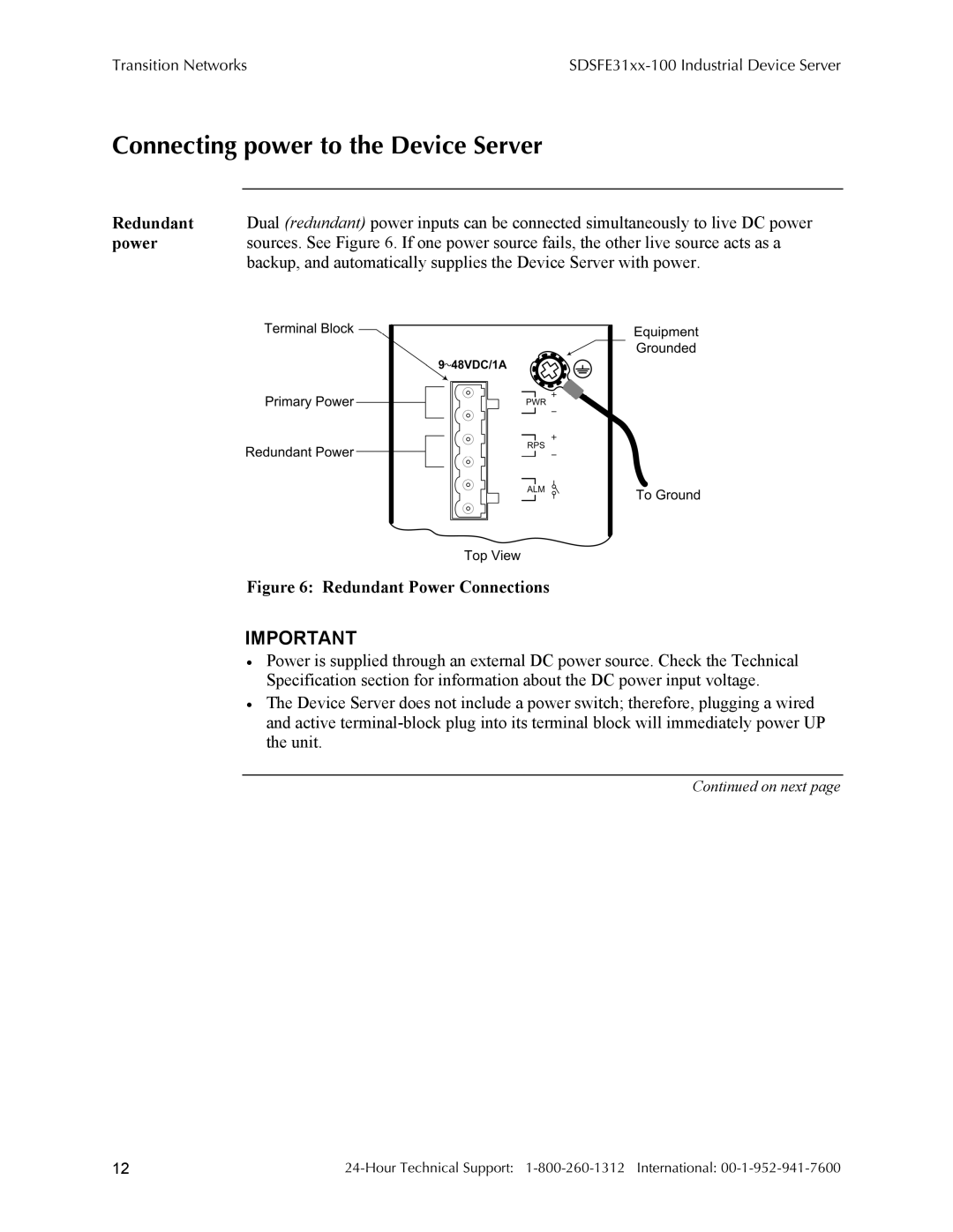 Transition Networks RS-232-TO-100BASE-FX, SDSFE31XX-100 Connecting power to the Device Server, Redundant Power Connections 