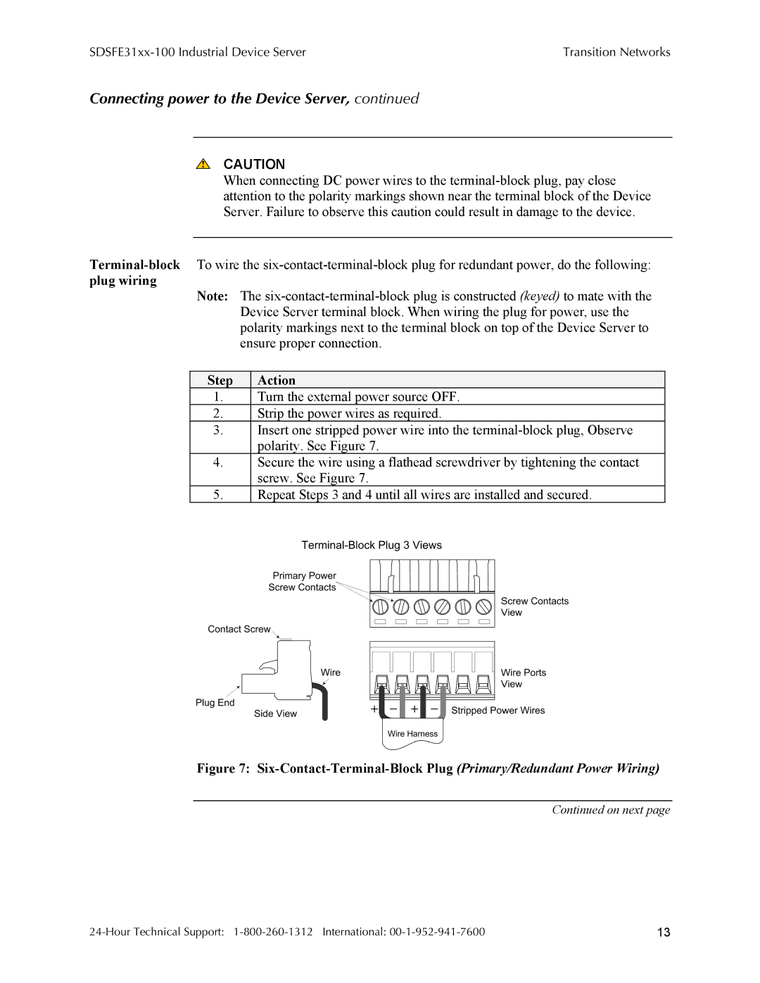 Transition Networks SDSFE31XX-100 manual Connecting power to the Device Server, Turn the external power source OFF 