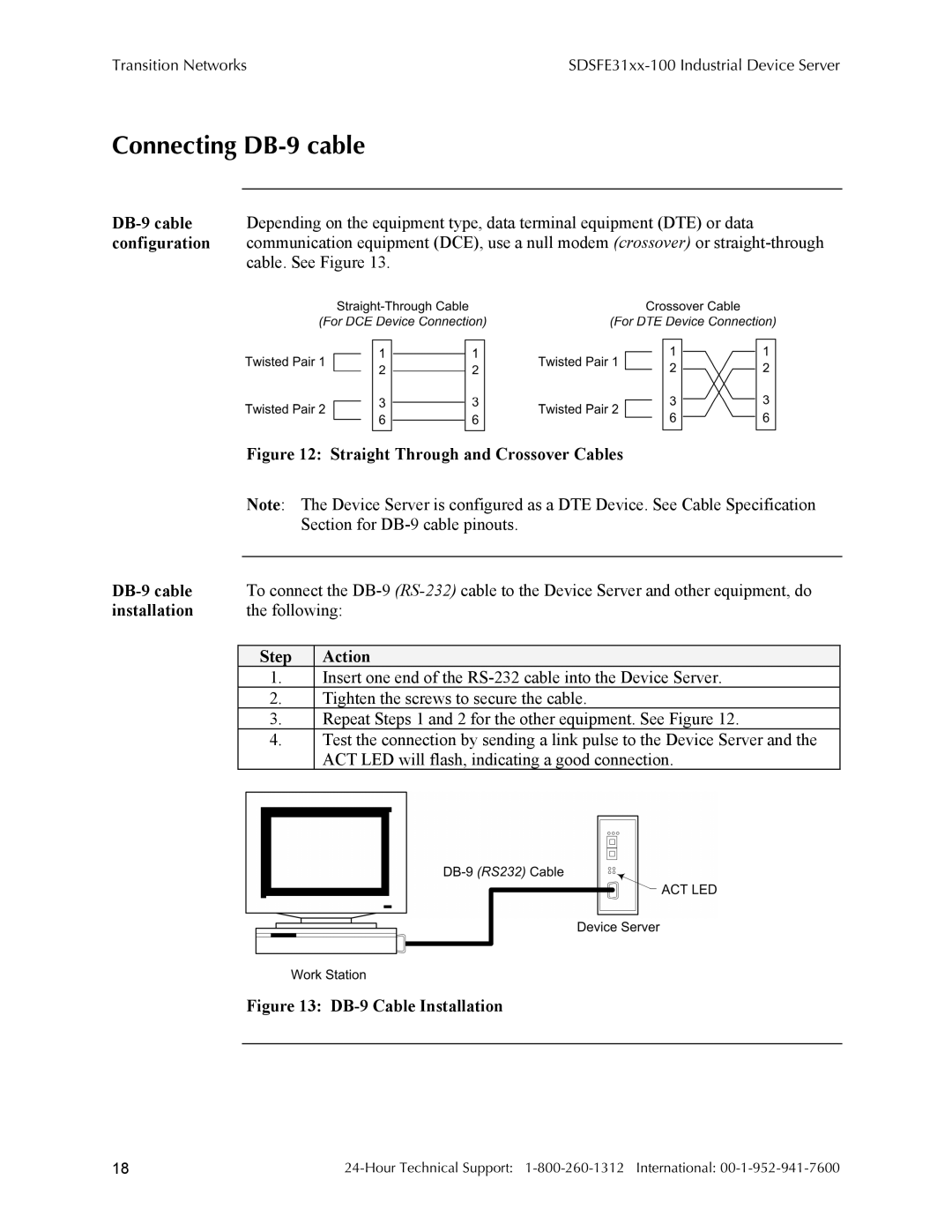 Transition Networks RS-232-TO-100BASE-FX Connecting DB-9 cable, Section for DB-9 cable pinouts, Installation, Following 