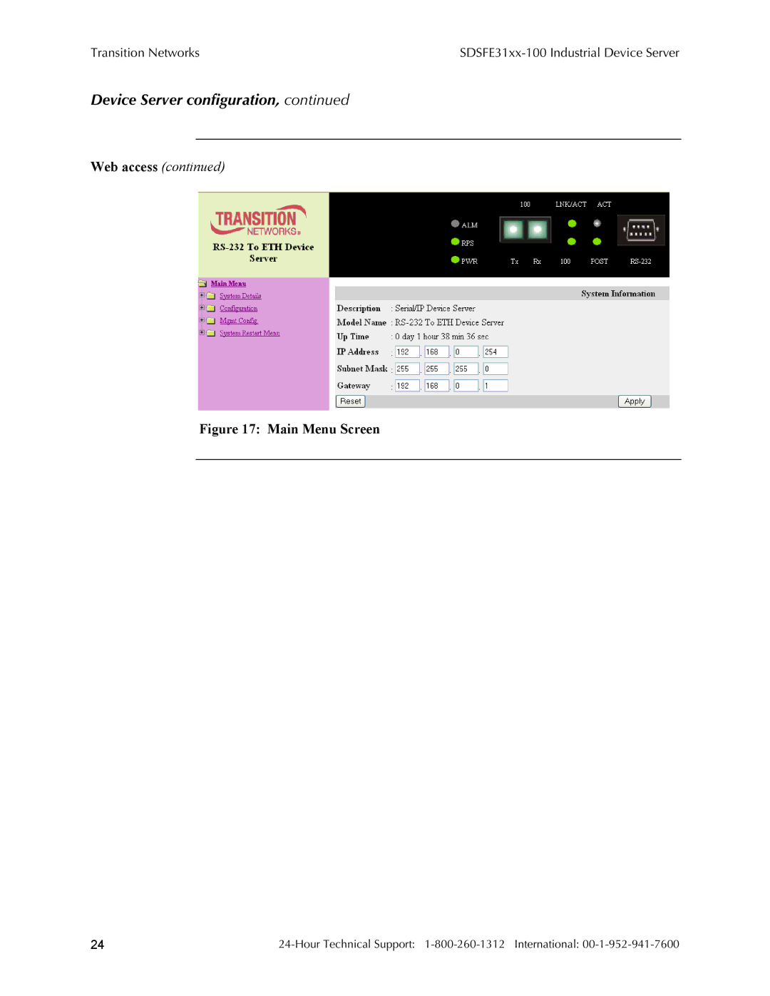 Transition Networks RS-232-TO-100BASE-FX, SDSFE31XX-100 manual Device Server configuration, Web access 