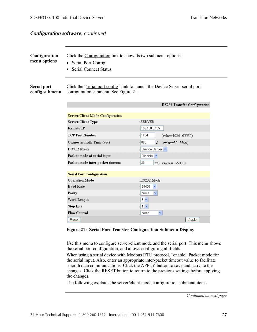 Transition Networks SDSFE31XX-100 manual Configuration menu options, Serial Port Transfer Configuration Submenu Display 