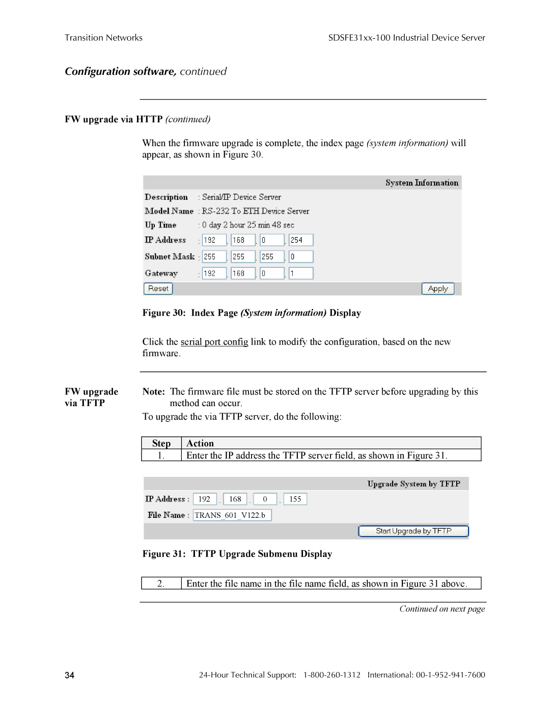 Transition Networks RS-232-TO-100BASE-FX, SDSFE31XX-100 manual FW upgrade via Http, Index Page System information Display 