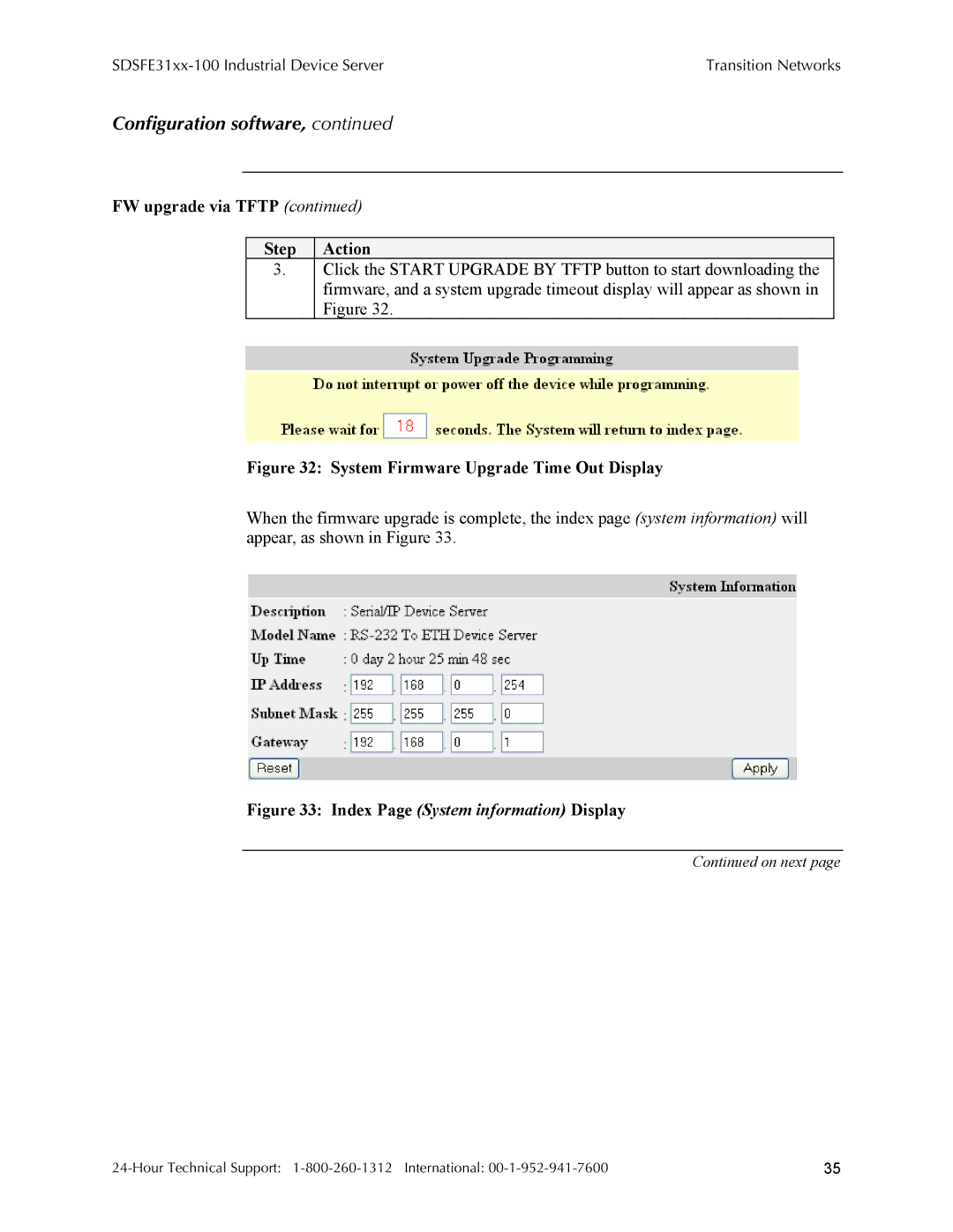 Transition Networks SDSFE31XX-100, RS-232-TO-100BASE-FX manual FW upgrade via Tftp Step Action 