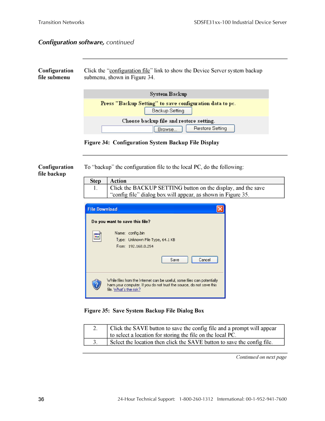 Transition Networks RS-232-TO-100BASE-FX, SDSFE31XX-100 manual Configuration System Backup File Display 