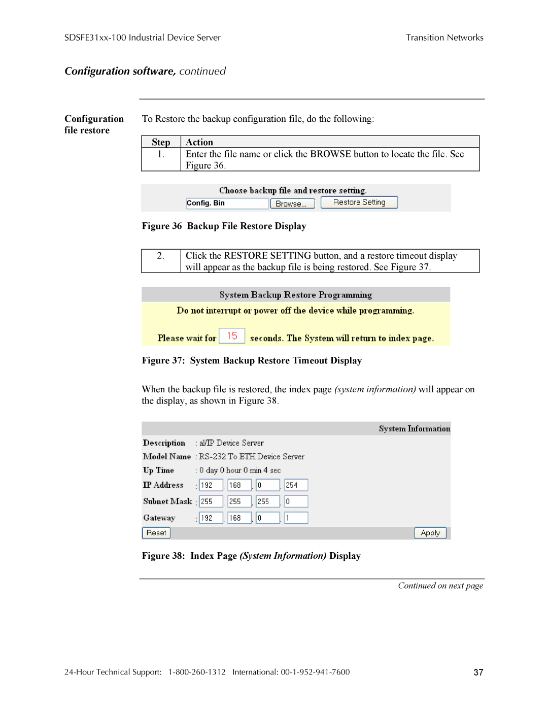 Transition Networks SDSFE31XX-100, RS-232-TO-100BASE-FX manual Backup File Restore Display 