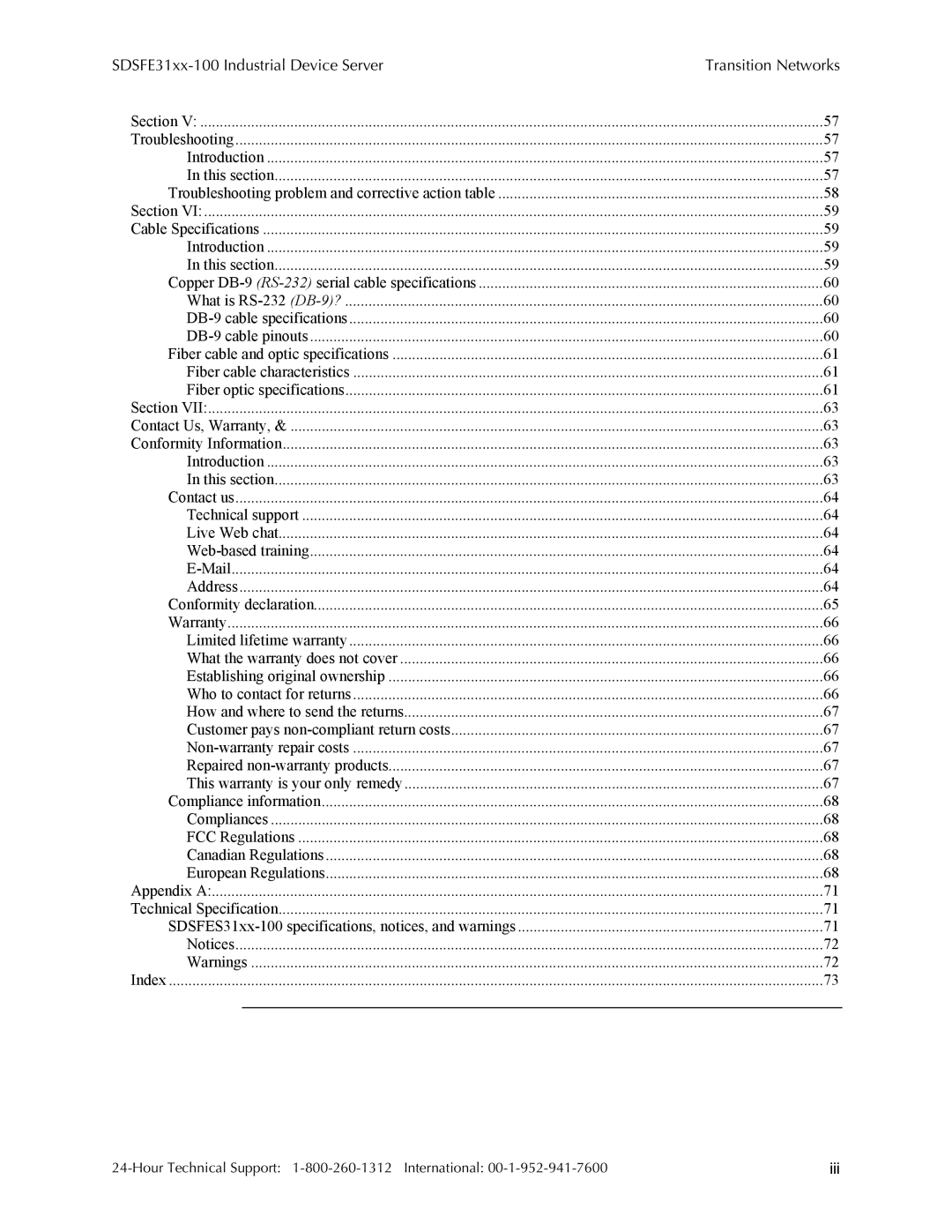 Transition Networks SDSFE31XX-100, RS-232-TO-100BASE-FX manual Iii 